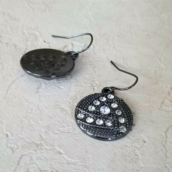 Avant Garde Gunmetal Grey Black Austrian Crystal Circle Triangle Dangle Earrings - Picture 5 of 6